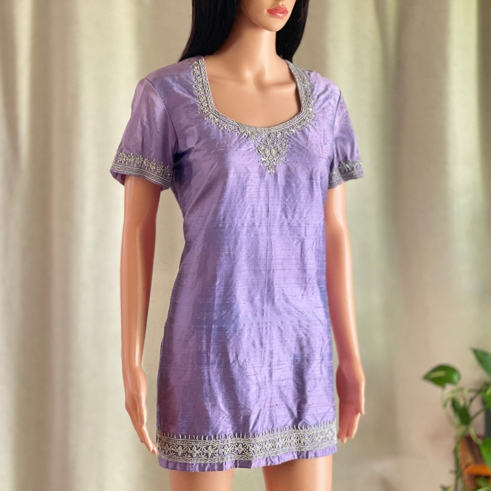Purple Metallic Raw Silk Embroidered Kurti Tunic Top Silver Sequin Desi Size L